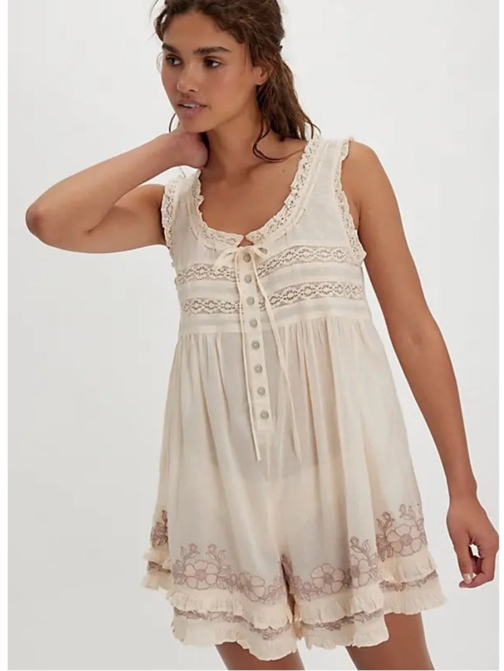 Free People Cream Lace-Trim Boho Romper